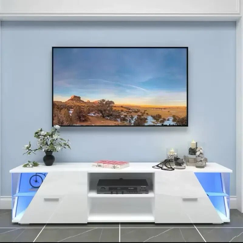 150cm High Gloss TV Cabinet with LED Lights & Storage – Fits 65" TVs - Kwikley