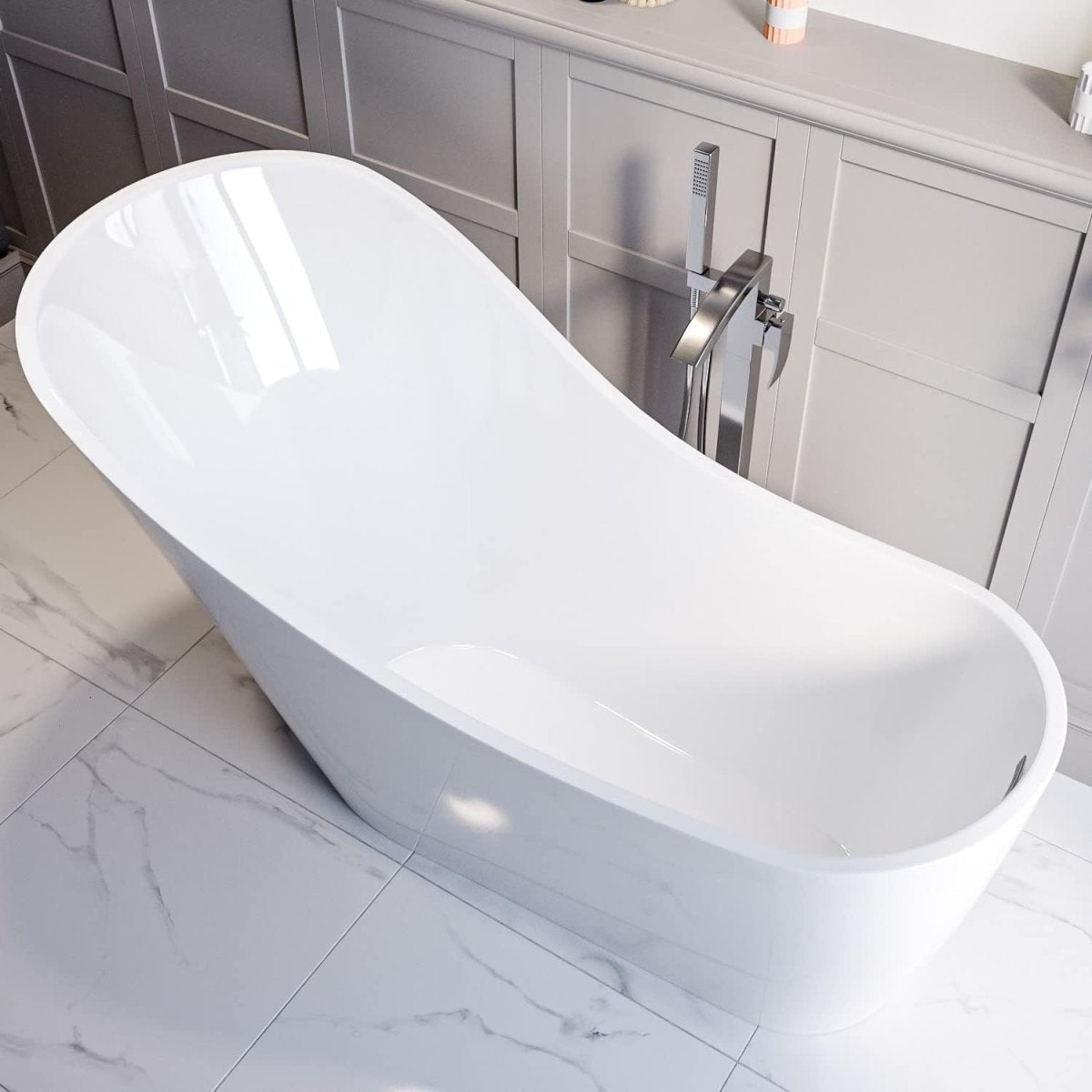 1520x715mm Single Ended Freestanding Slipper Bath White Acrylic Chrome Waste - Kwikley