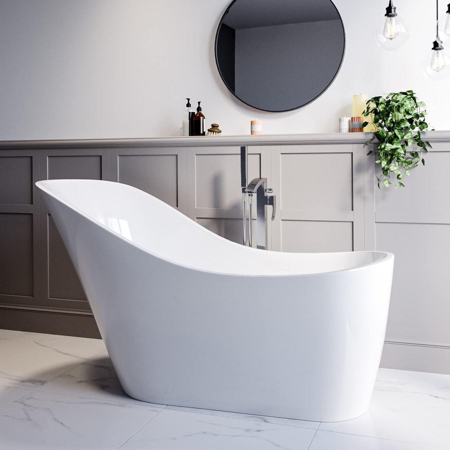 1520x715mm Single Ended Freestanding Slipper Bath White Acrylic Chrome Waste - Kwikley