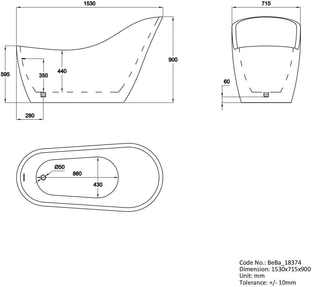1520x715mm Single Ended Freestanding Slipper Bath White Acrylic Chrome Waste - Kwikley
