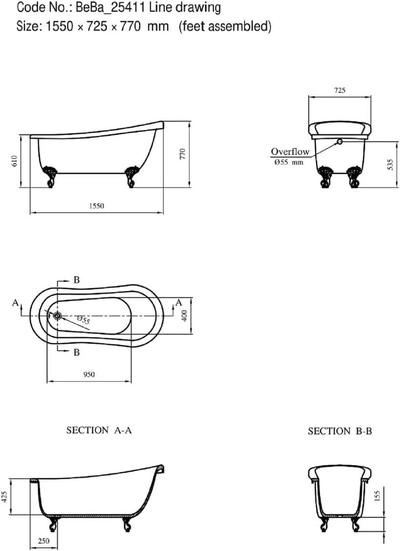 1550x725mm Single Ended Freestanding Slipper Bath White Acrylic Roll Top - Kwikley