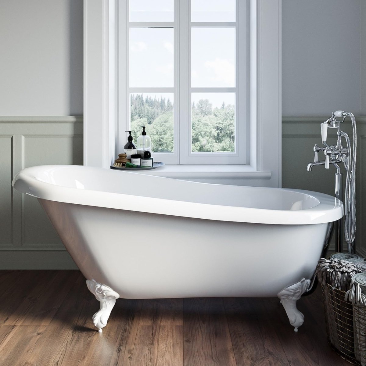 1550x725mm Single Ended Freestanding Slipper Bath White Acrylic Roll Top - Kwikley