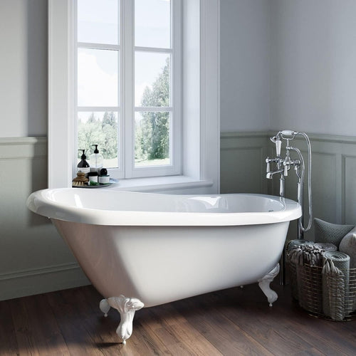 1550x725mm Single Ended Freestanding Slipper Bath White Acrylic Roll Top - Kwikley
