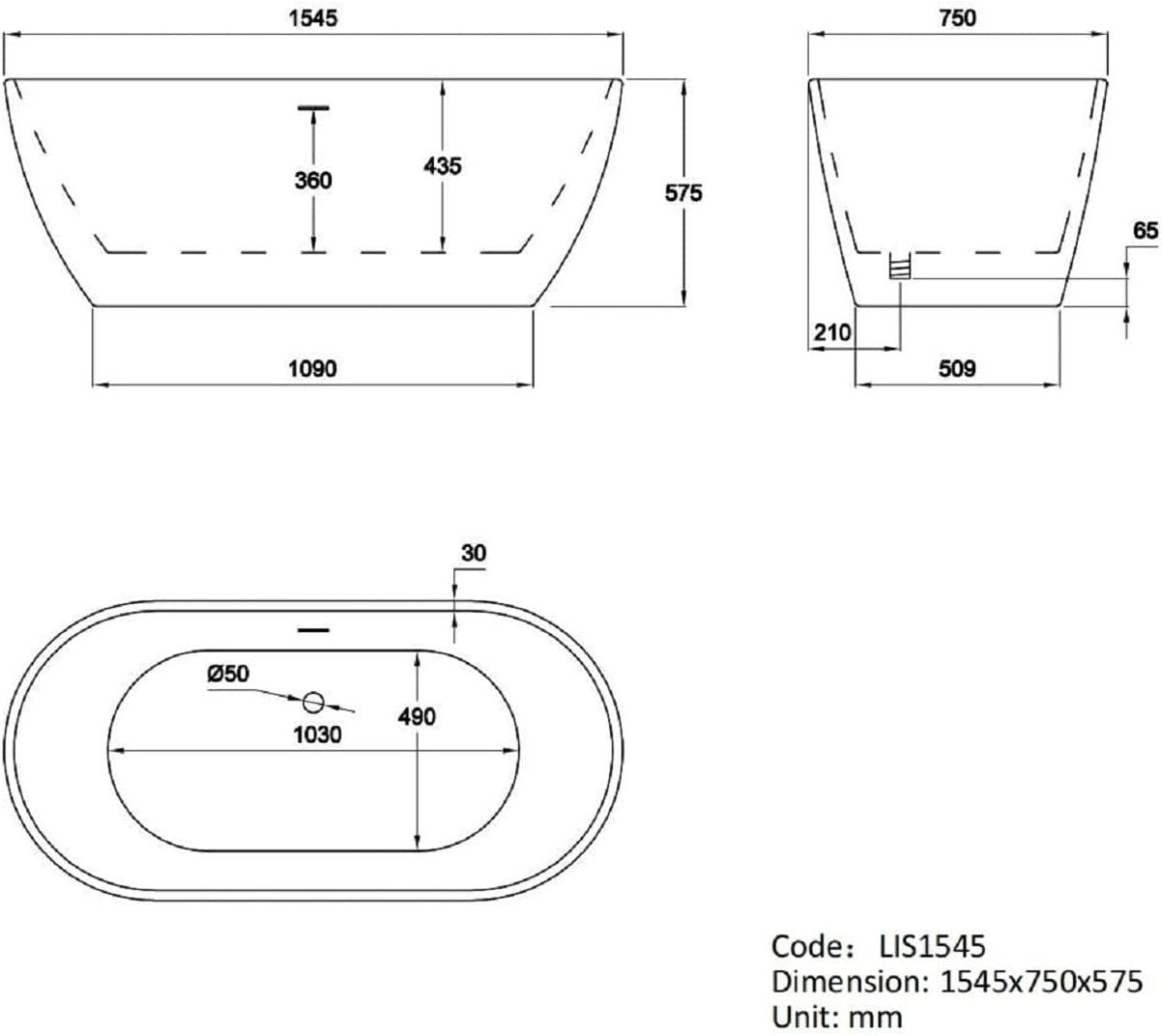 1550x745mm Freestanding Double Ended Bath White Acrylic Oval Modern - Kwikley