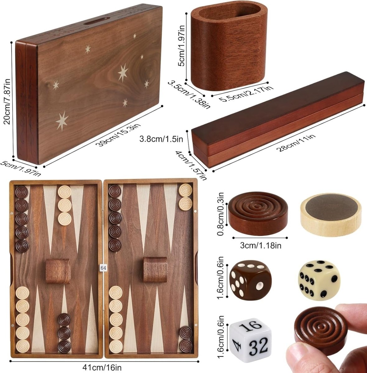 15.7” Wooden Backgammon Set Folding Travel Board Premium Strategy Game - Kwikley