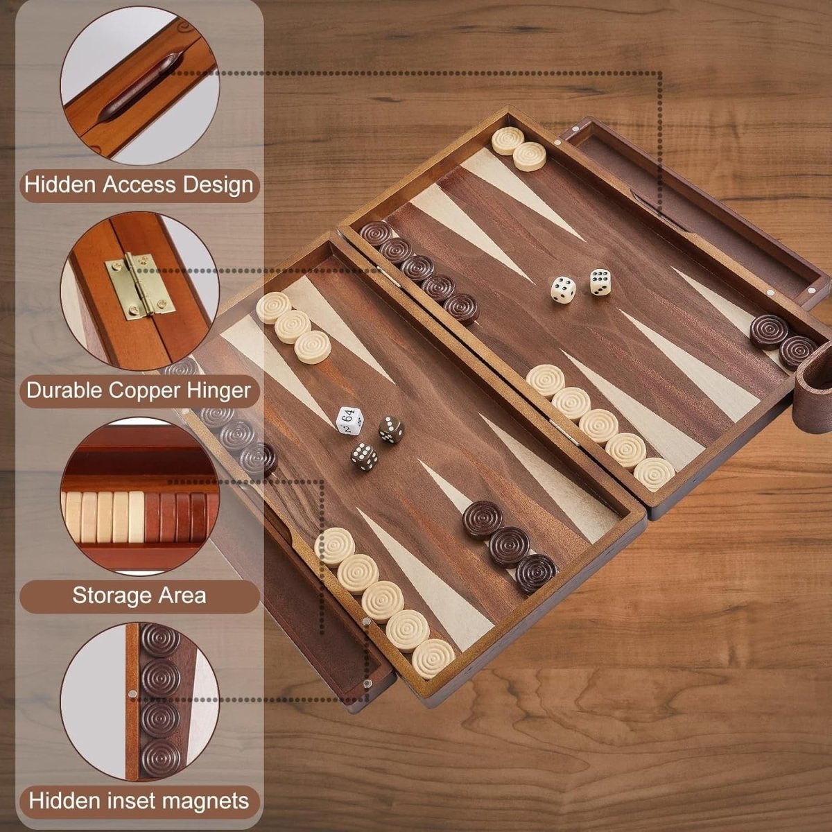 15.7” Wooden Backgammon Set Folding Travel Board Premium Strategy Game - Kwikley