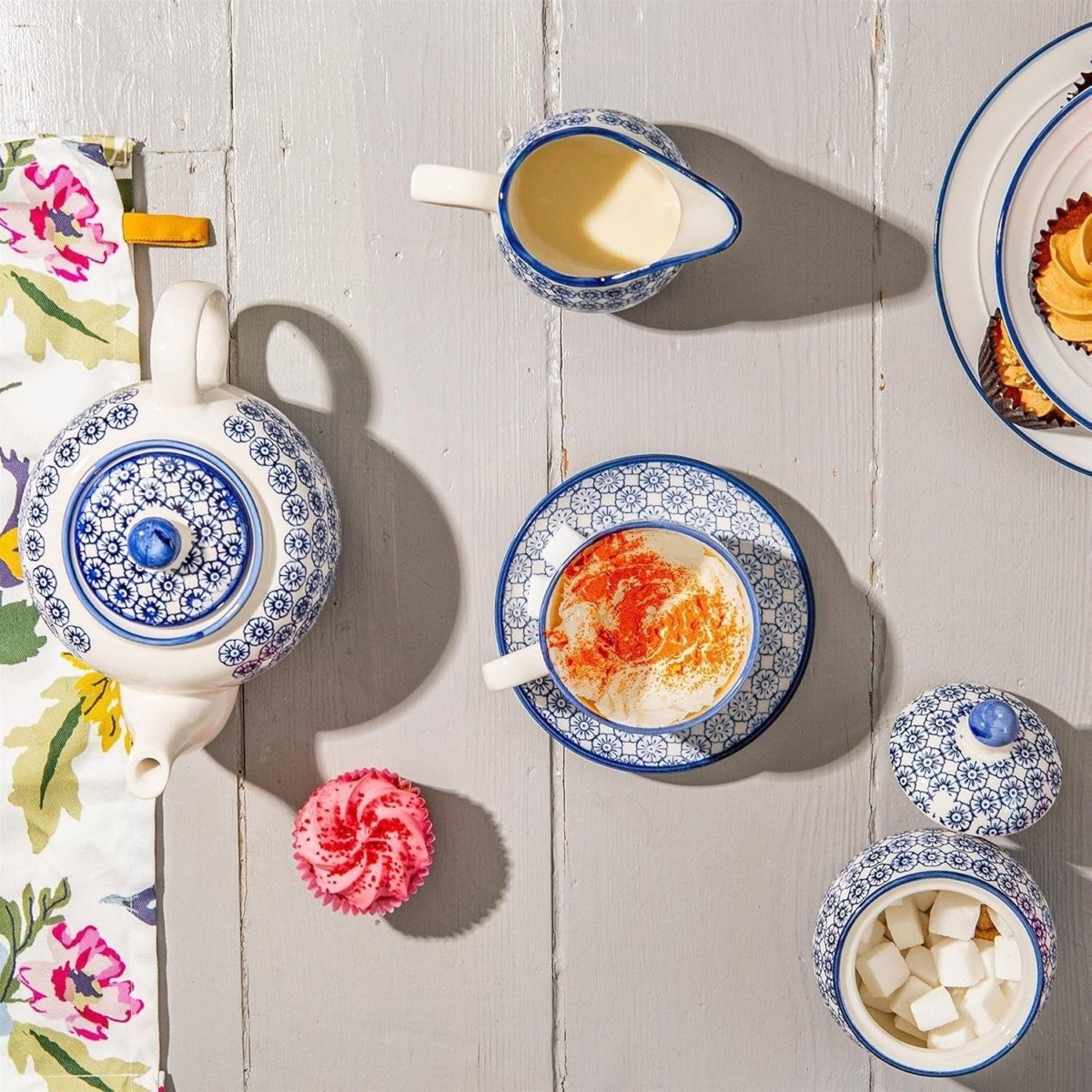 15pc Tea Set for 6 Floral China Teapot Cups Saucers Milk Jug Navy - Kwikley