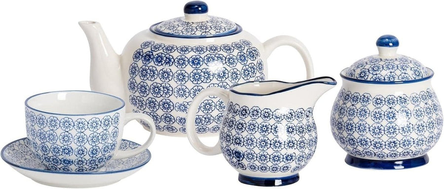 15pc Tea Set for 6 Floral China Teapot Cups Saucers Milk Jug Navy - Kwikley