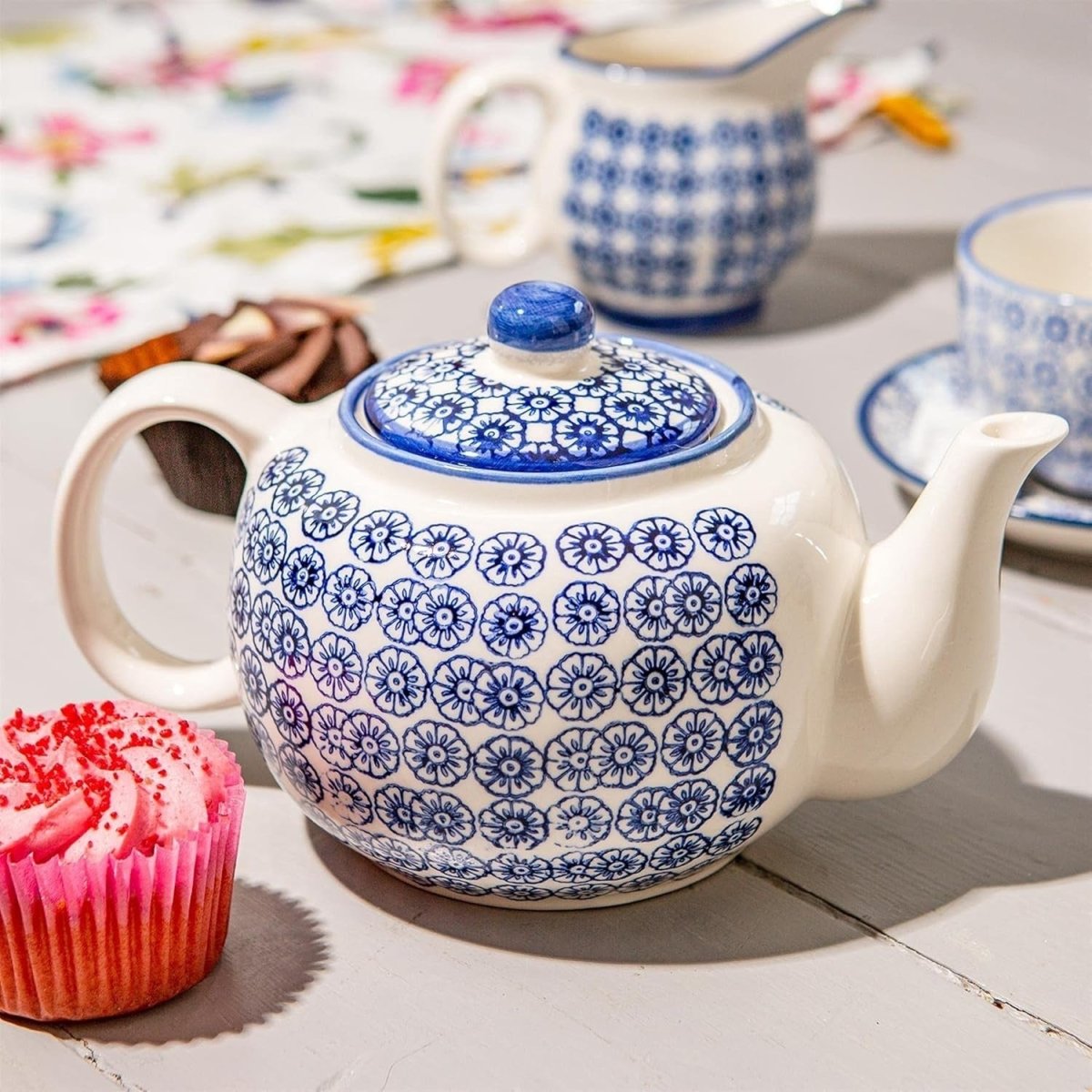 15pc Tea Set for 6 Floral China Teapot Cups Saucers Milk Jug Navy - Kwikley