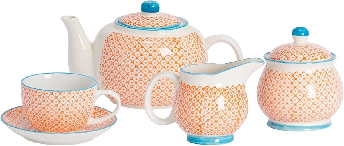 15pc Tea Set for 6 Orange Floral China Teapot Cups Saucers Jug - Kwikley