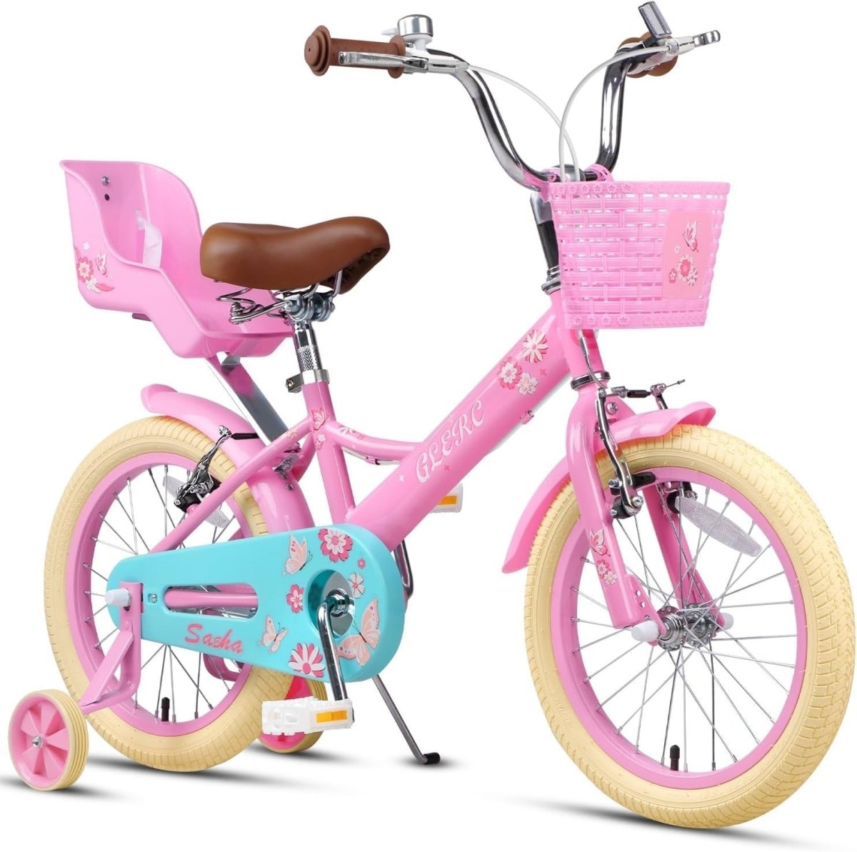 16 Inch Girls Kids Bike with Stabilisers Basket Doll Seat Pink Age 4-8 - Kwikley