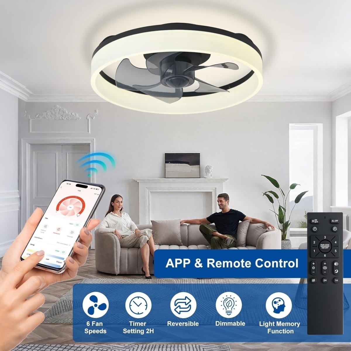 16" LED Ceiling Fan with Light, Remote & App Control, Dimmable, Black Bladeless - Kwikley