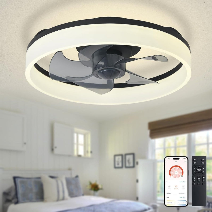 16" LED Ceiling Fan with Light, Remote & App Control, Dimmable, Black Bladeless - Kwikley