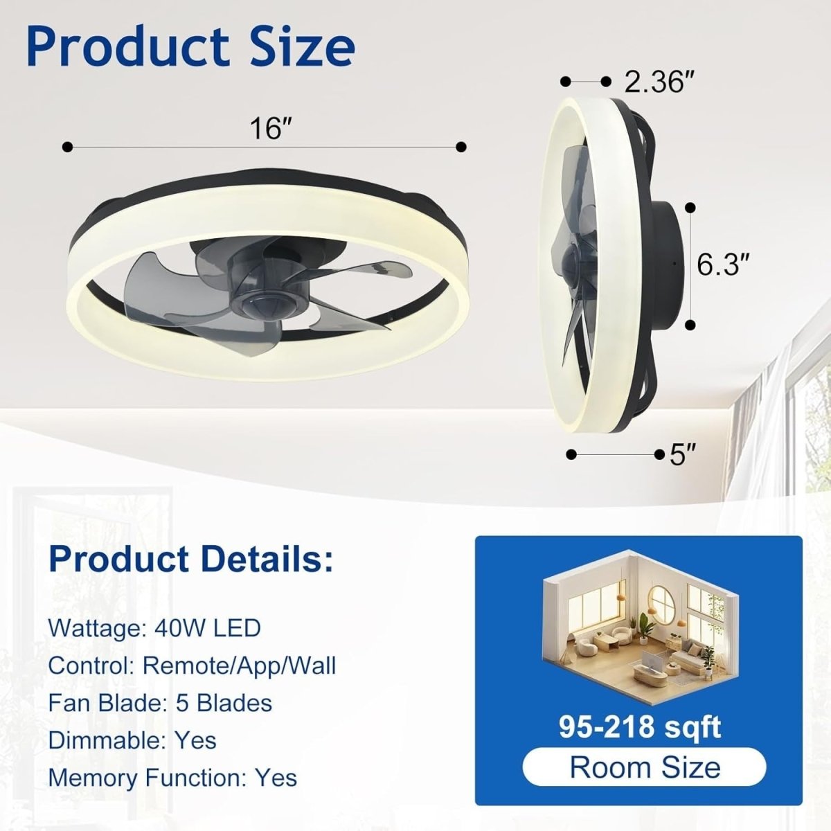 16" LED Ceiling Fan with Light, Remote & App Control, Dimmable, Black Bladeless - Kwikley