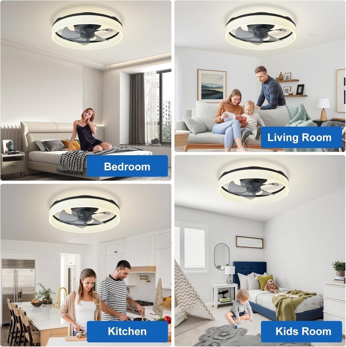 16" LED Ceiling Fan with Light, Remote & App Control, Dimmable, Black Bladeless - Kwikley