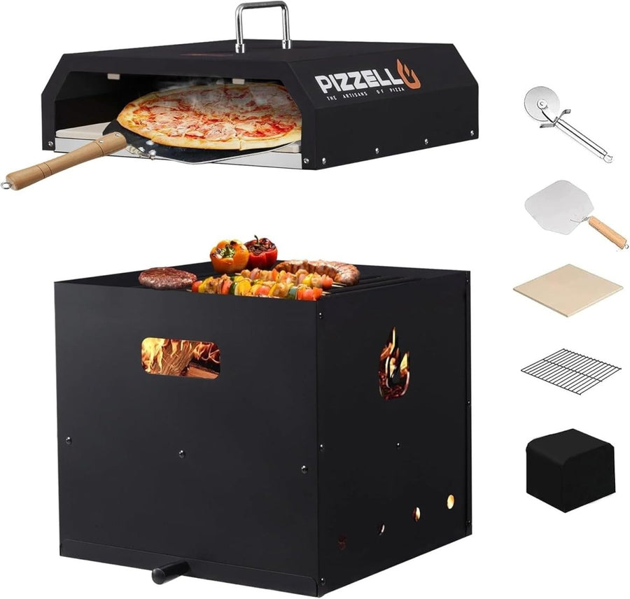 16" Outdoor Pizza Oven | 4 - in - 1 Wood Fired BBQ Grill with Stone, Peel & Cutter - Kwikley