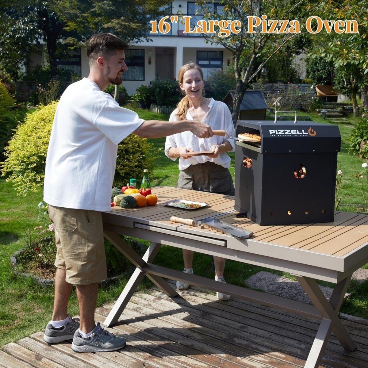16" Outdoor Pizza Oven | 4 - in - 1 Wood Fired BBQ Grill with Stone, Peel & Cutter - Kwikley