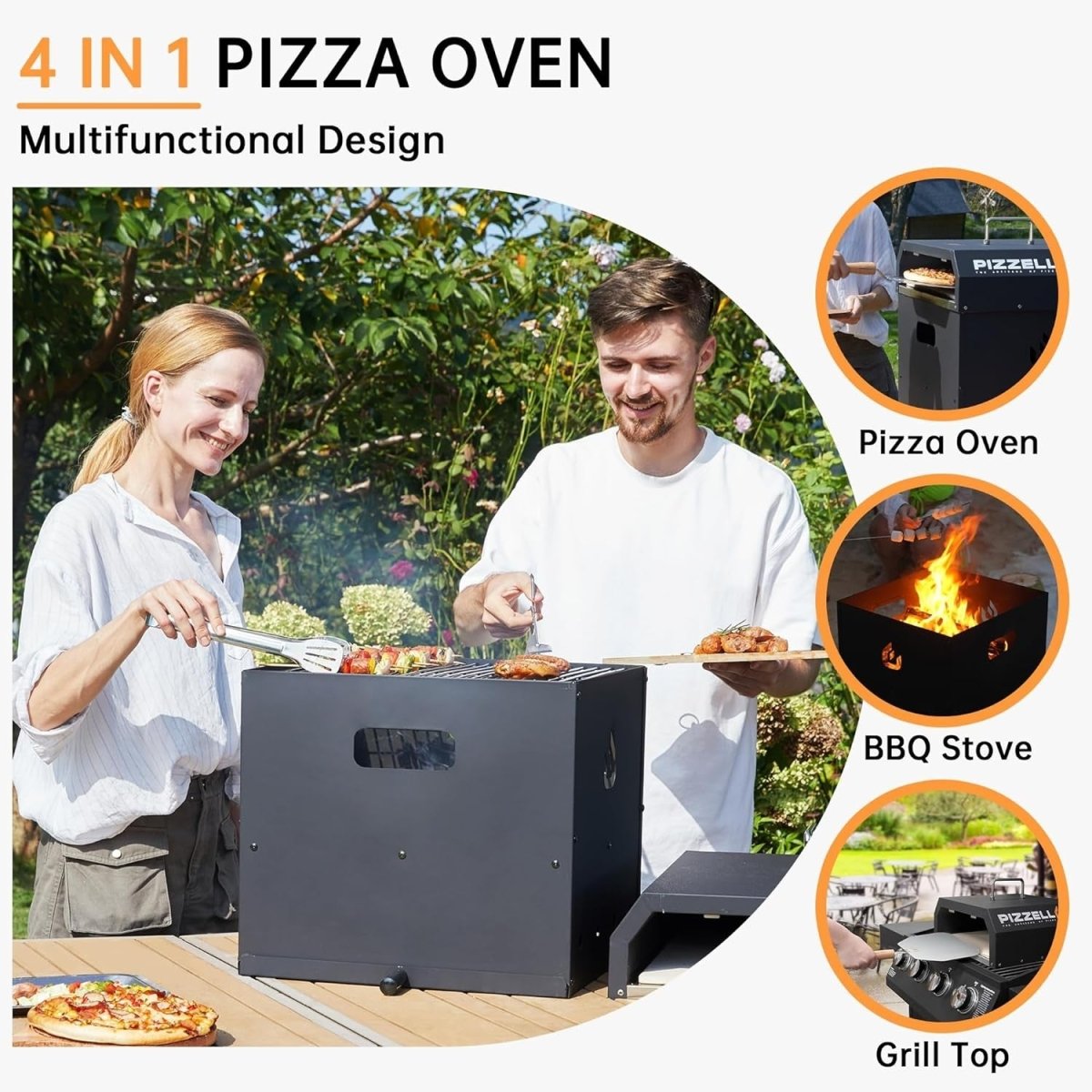 16" Outdoor Pizza Oven | 4 - in - 1 Wood Fired BBQ Grill with Stone, Peel & Cutter - Kwikley