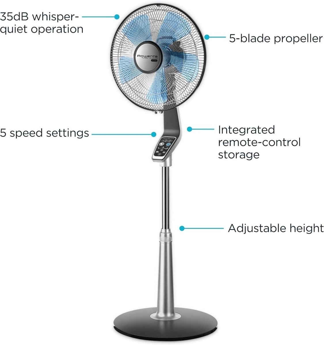 16" Turbo Stand Fan – Quiet Remote Control Adjustable Height 5 Speeds Cooling - Kwikley