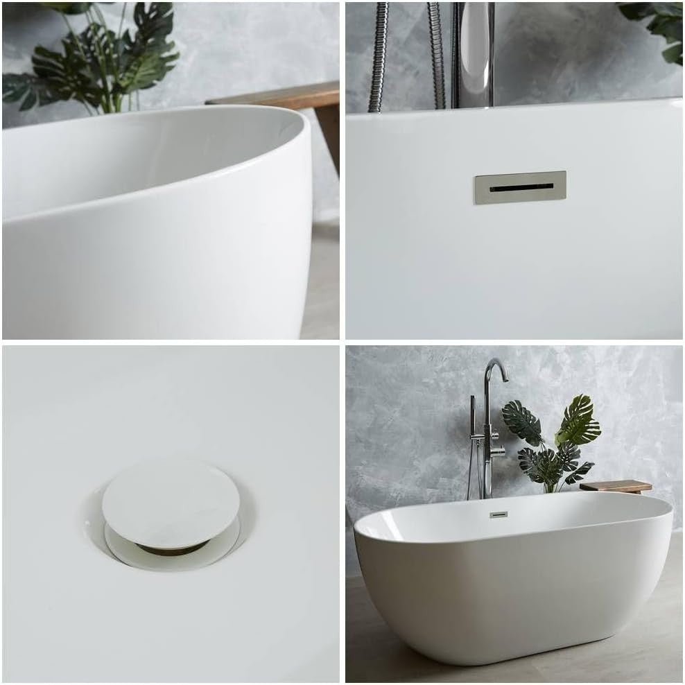 1600x750mm Freestanding Double Ended Oval Bath White Acrylic w/ Chrome Waste - Kwikley