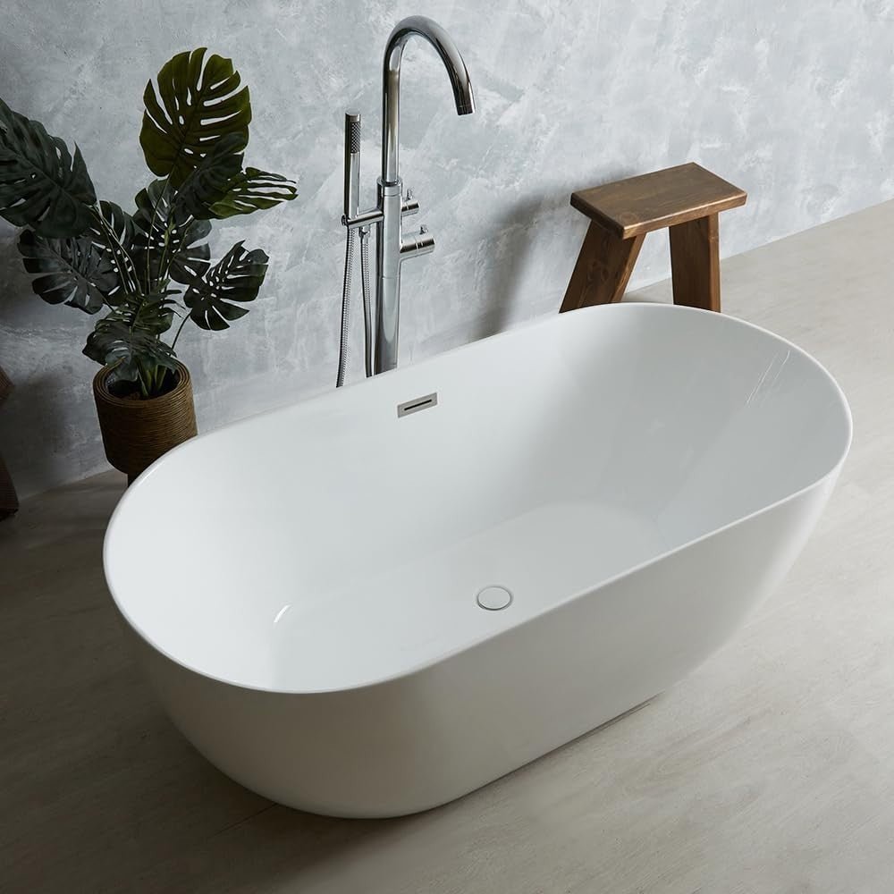 1600x750mm Freestanding Double Ended Oval Bath White Acrylic w/ Chrome Waste - Kwikley