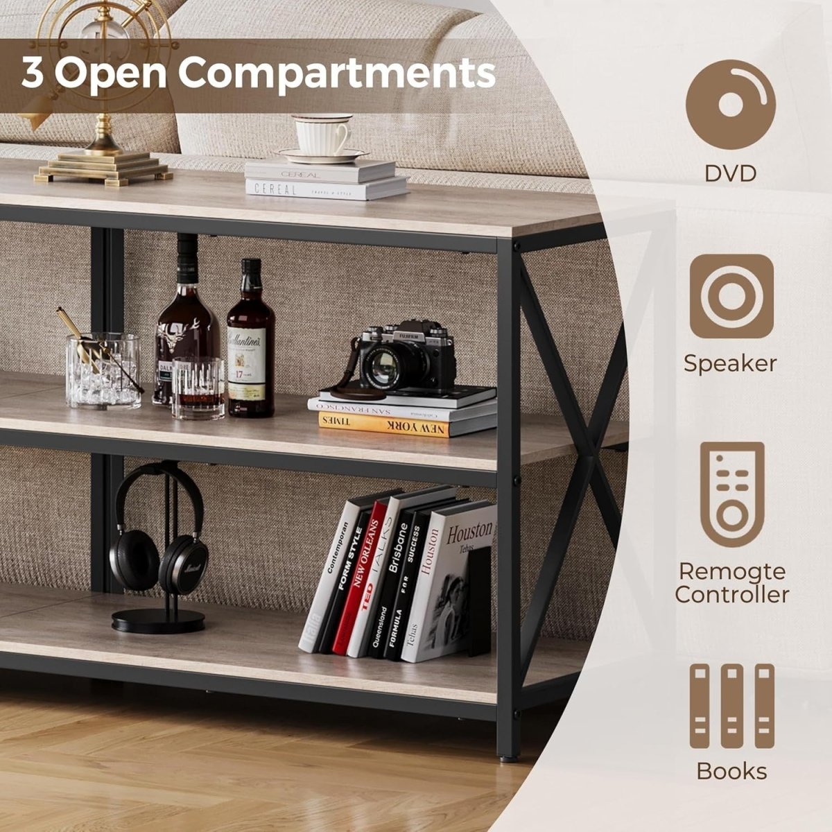 160cm Grey TV Stand for 70" TVs Open Storage Shelves Industrial Unit - Kwikley