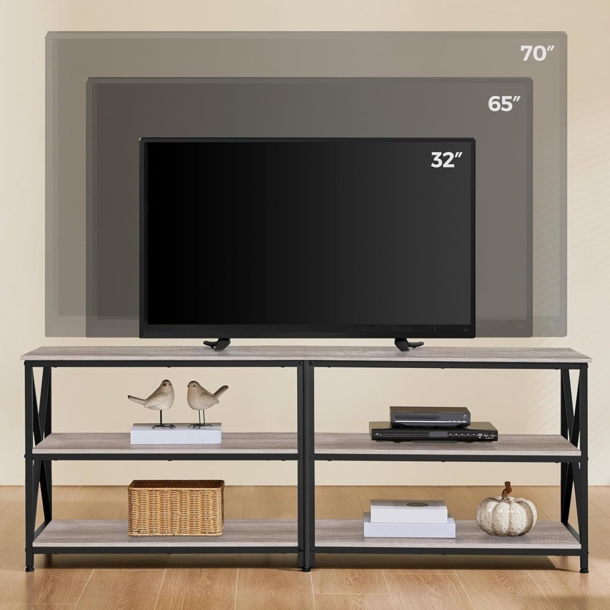 160cm Grey TV Stand for 70" TVs Open Storage Shelves Industrial Unit - Kwikley