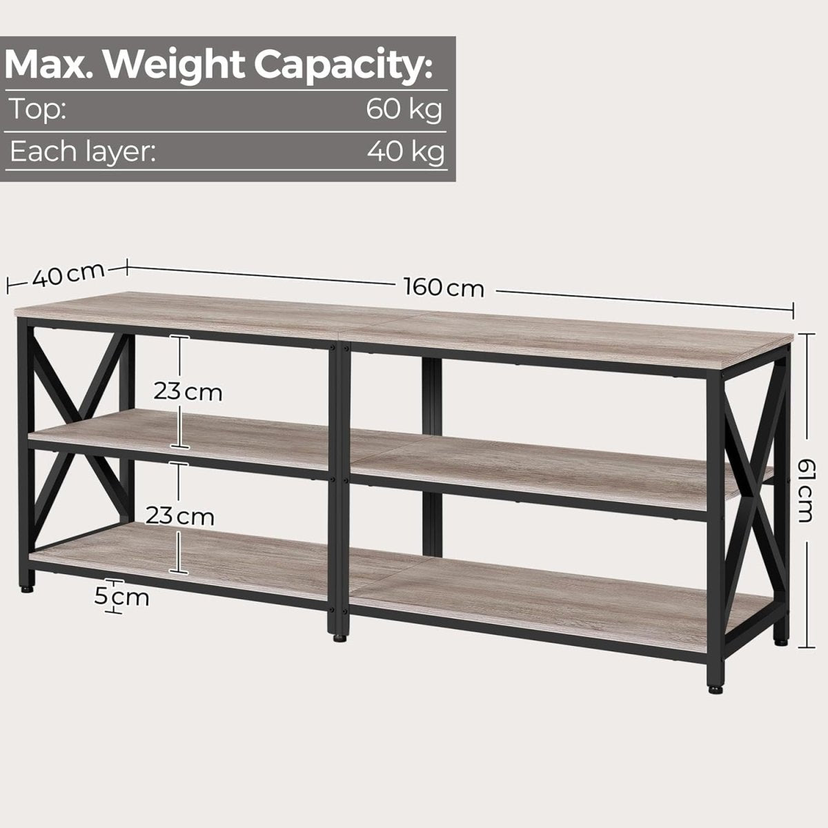 160cm Grey TV Stand for 70" TVs Open Storage Shelves Industrial Unit - Kwikley