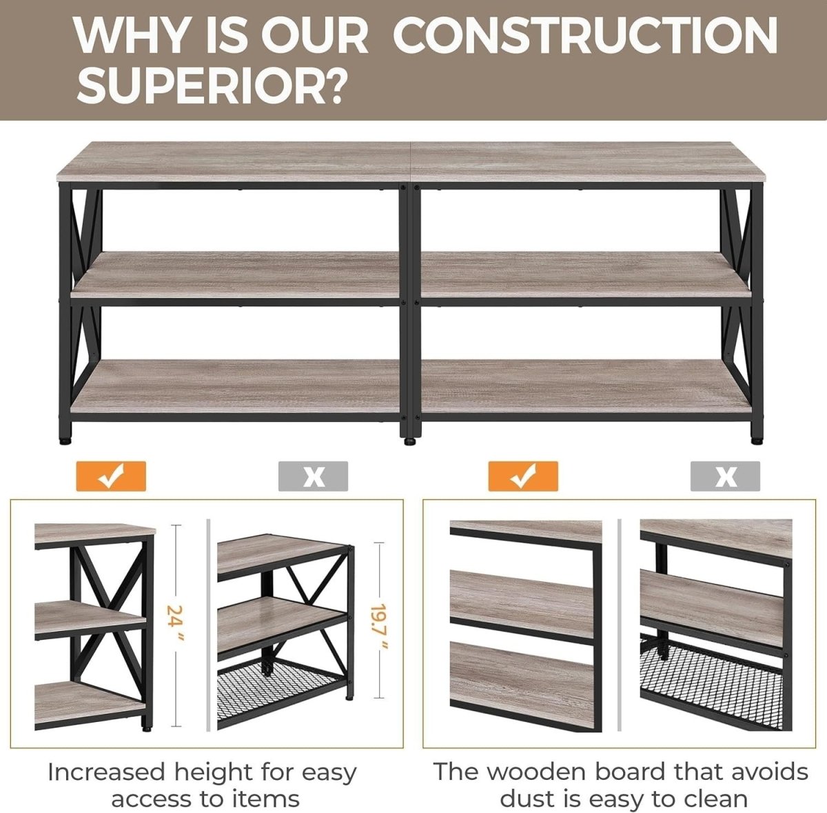 160cm Grey TV Stand for 70" TVs Open Storage Shelves Industrial Unit - Kwikley