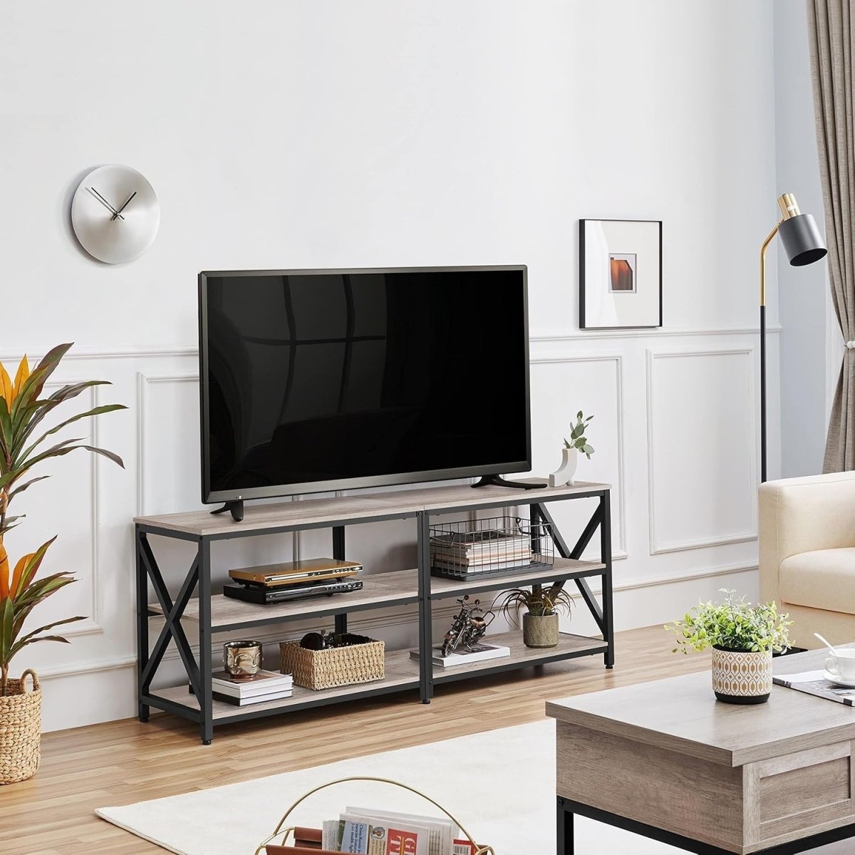 160cm Grey TV Stand for 70" TVs Open Storage Shelves Industrial Unit - Kwikley