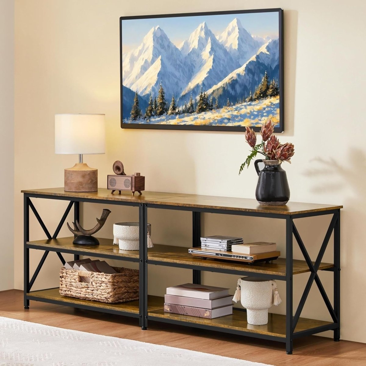 160cm Rustic TV Stand for 70" TVs Storage Unit Industrial Wood Metal - Kwikley