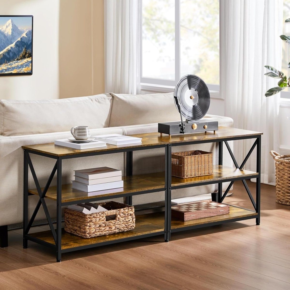 160cm Rustic TV Stand for 70" TVs Storage Unit Industrial Wood Metal - Kwikley