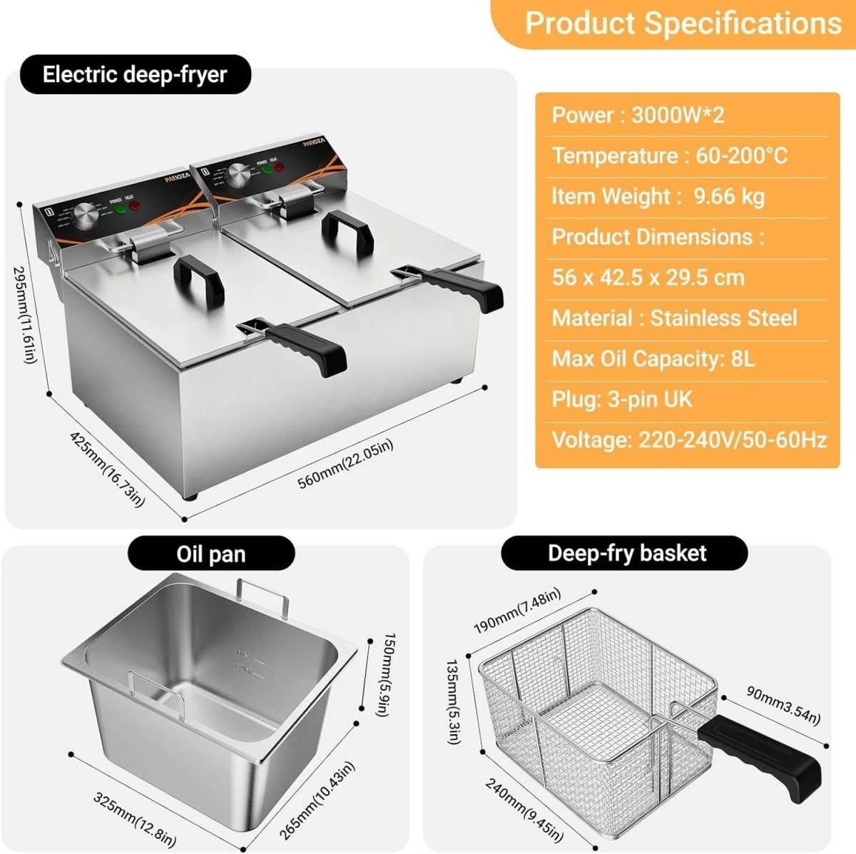 16L Double Deep Fat Fryer 6000W Commercial Electric Countertop Fryer - Kwikley