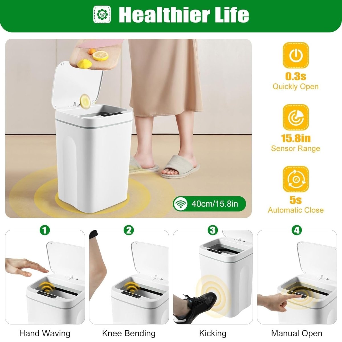 16L Touchless Trash Can Automatic Motion Sensor Kitchen Bin - Kwikley