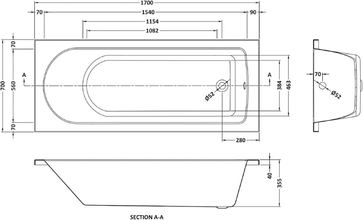 1700x700mm Designer Single Ended Acrylic Bath Tub White Curved Soaking Spa - Kwikley