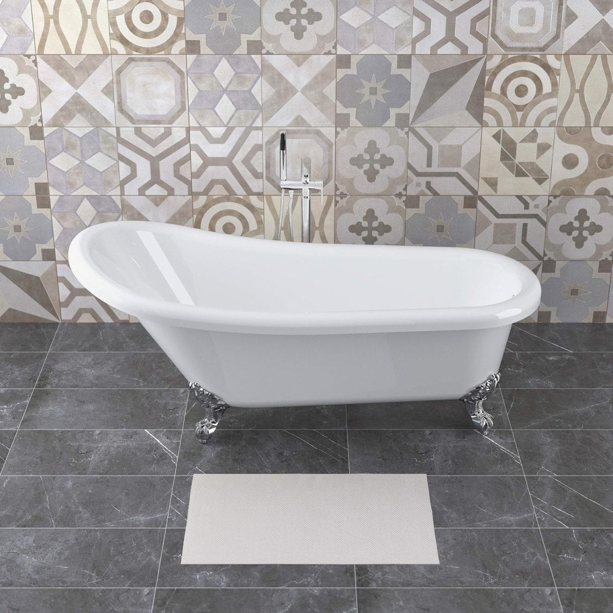 1700x750mm Freestanding Slipper Bath Acrylic White Chrome Claw Feet Luxury Tub - Kwikley