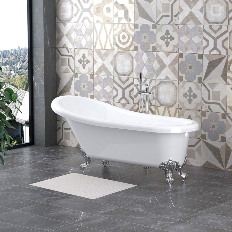 1700x750mm Freestanding Slipper Bath Acrylic White Chrome Claw Feet Luxury Tub - Kwikley