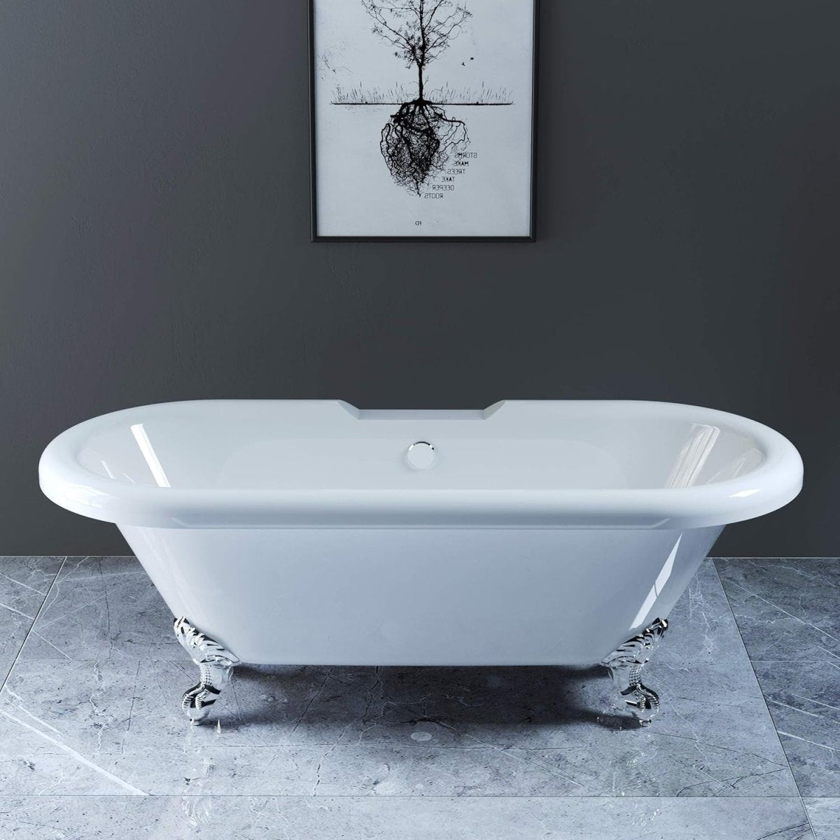 1700x750mm Traditional Freestanding Roll Top Bath Acrylic Chrome Claw Feet - Kwikley