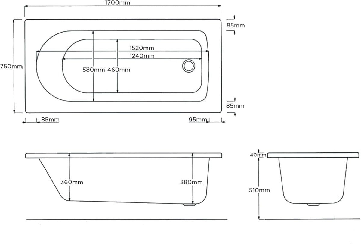 1700x750mm White Modern Single Ended Freestanding Acrylic Bath with Feet - Kwikley