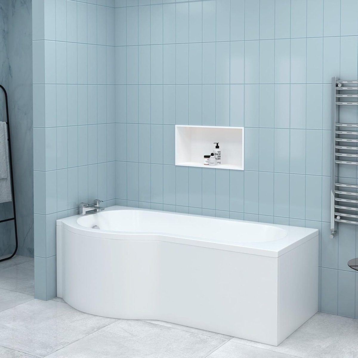 1700x850mm Left Hand P - Shaped Acrylic Shower Bath with 6mm Glass Screen - Kwikley