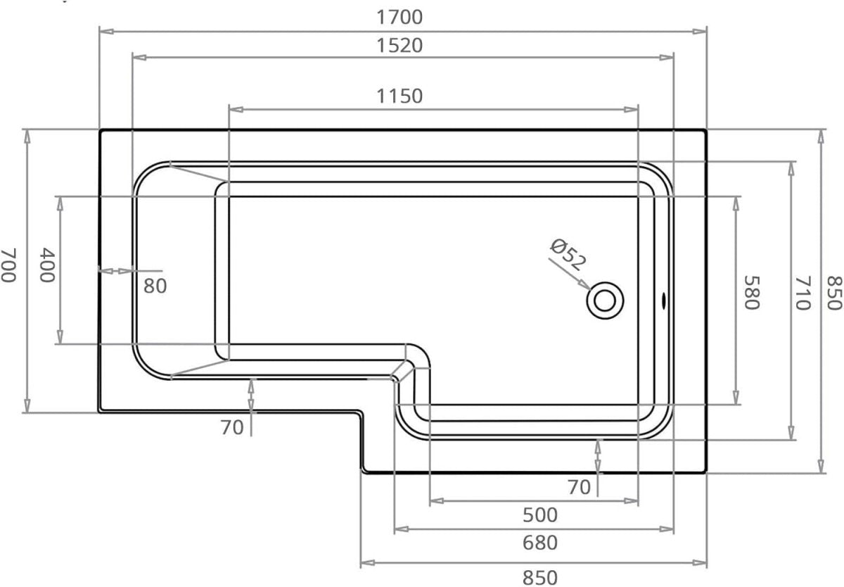 1700x850mm Right - Hand L - Shaped Shower Bath with Glass Shower Screen - Kwikley