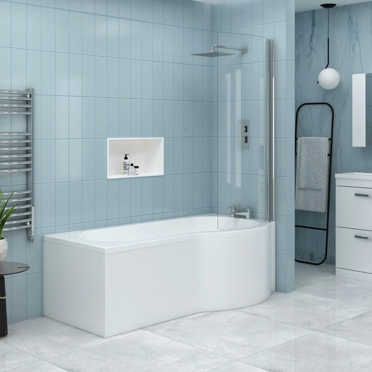 1700x850mm Right Hand P - Shaped Acrylic Shower Bath with Panels & Glass Screen - Kwikley