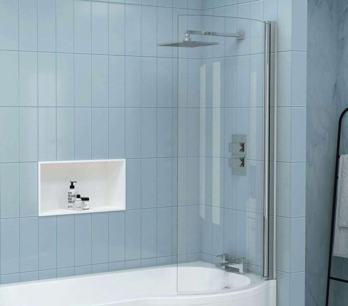 1700x850mm Right Hand P - Shaped Acrylic Shower Bath with Panels & Glass Screen - Kwikley