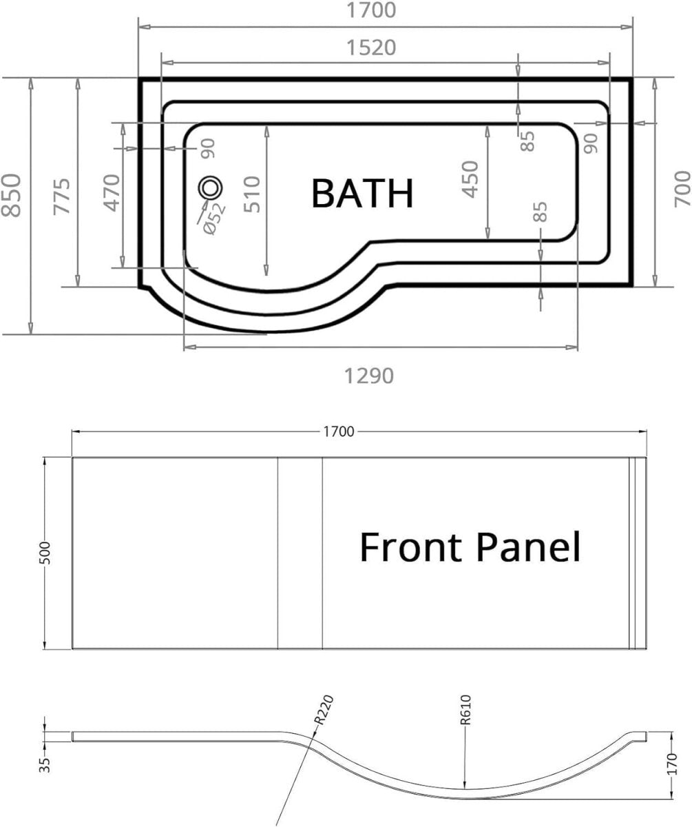 1700x850mm Right Hand P - Shaped Acrylic Shower Bath with Panels & Glass Screen - Kwikley