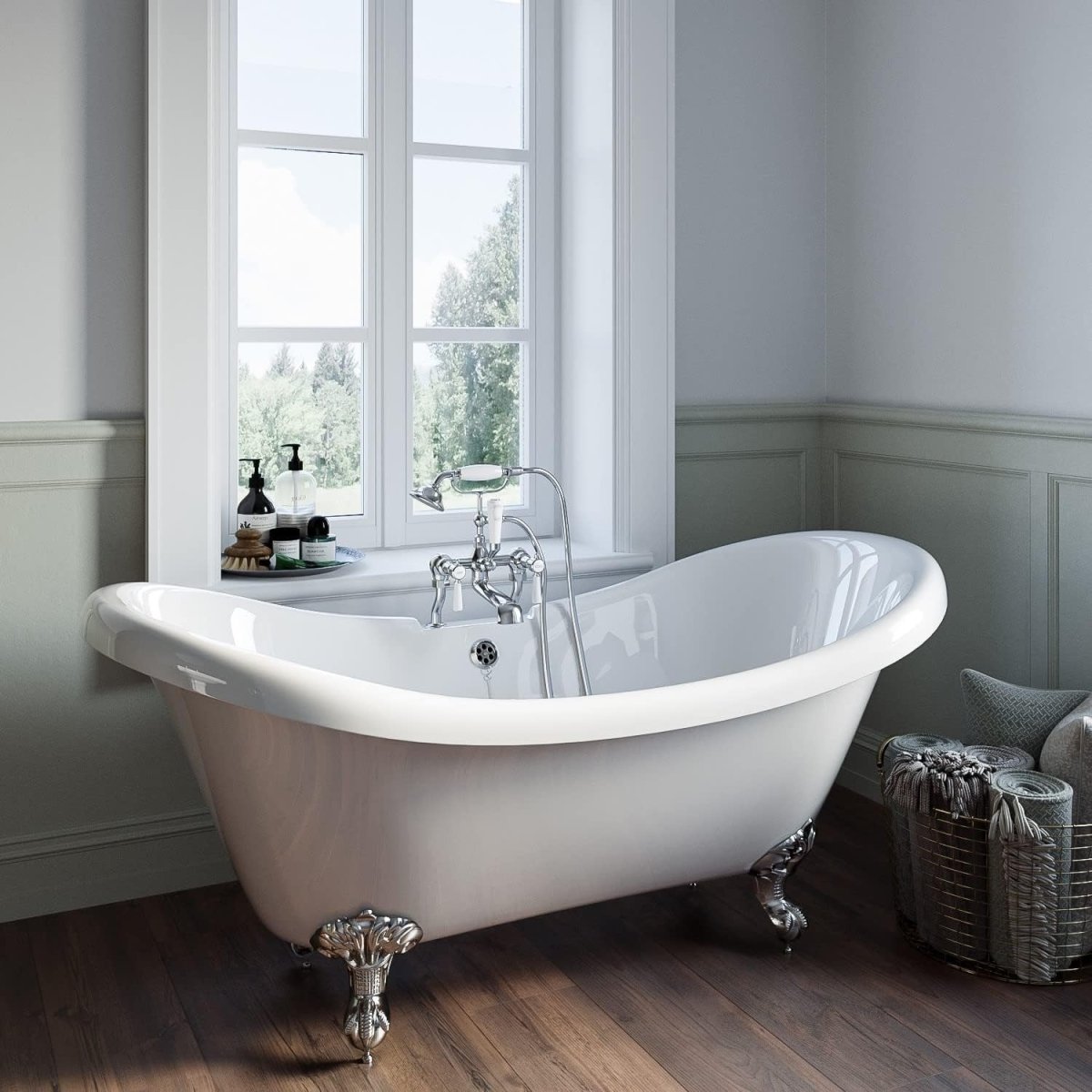1750x750mm Double Ended Traditional Freestanding Bath White Acrylic Chrome Feet - Kwikley