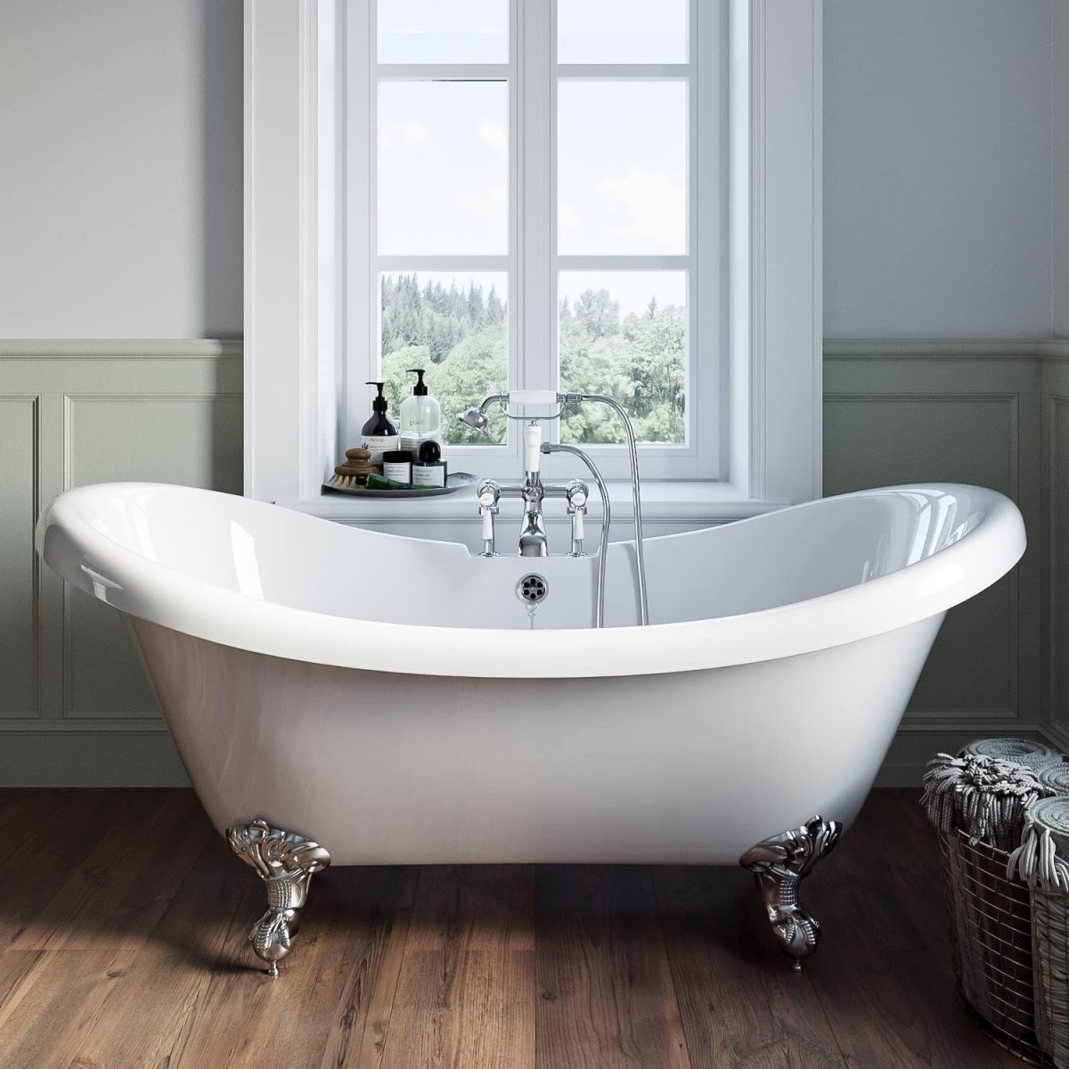 1750x750mm Double Ended Traditional Freestanding Bath White Acrylic Chrome Feet - Kwikley
