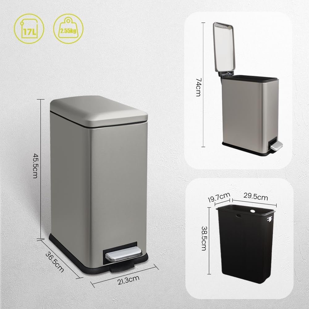 17L Kitchen Pedal Bin Soft Close Stainless Steel Grey - Kwikley