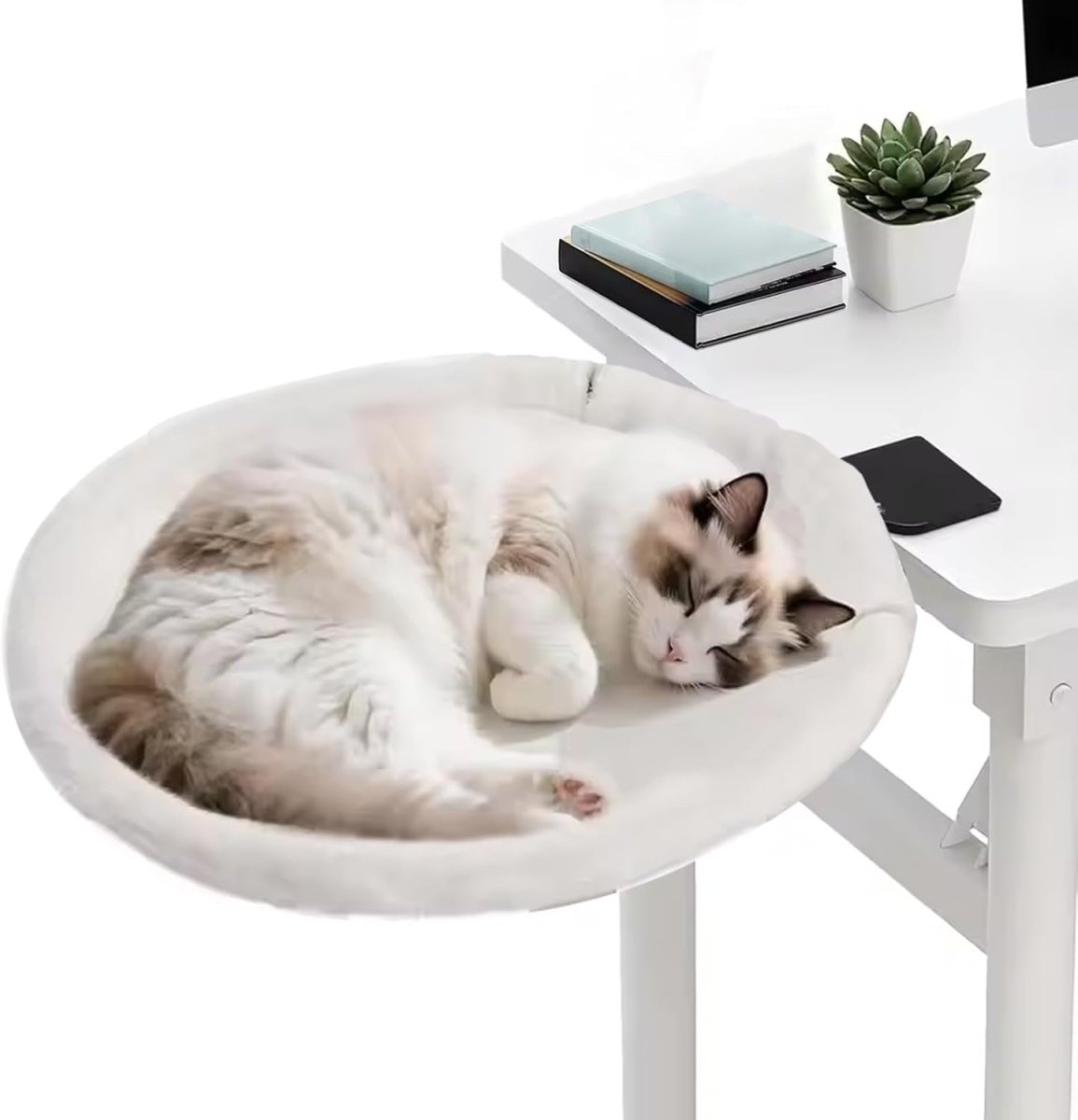 180° Rotating Cat Desk Bed Faux Fur Clamp On Cat Hammock White - Kwikley