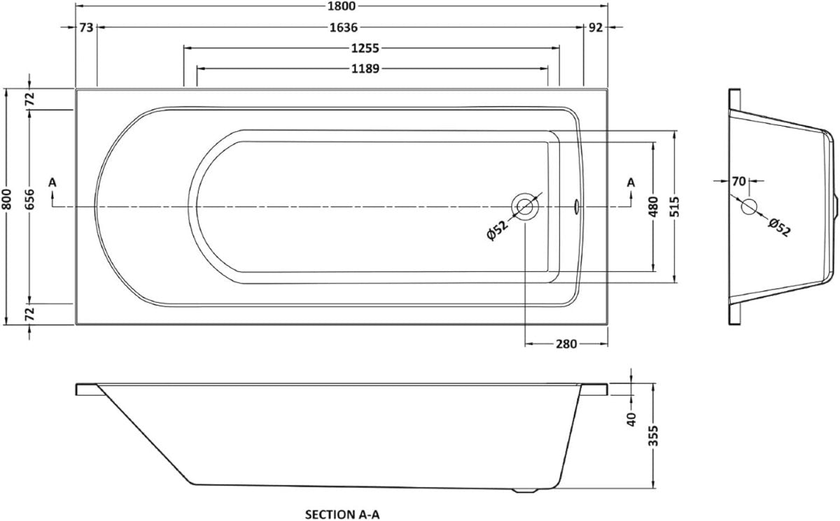 1800x800mm Designer Single Ended Acrylic Bath Tub White Curved Soaking Spa - Kwikley