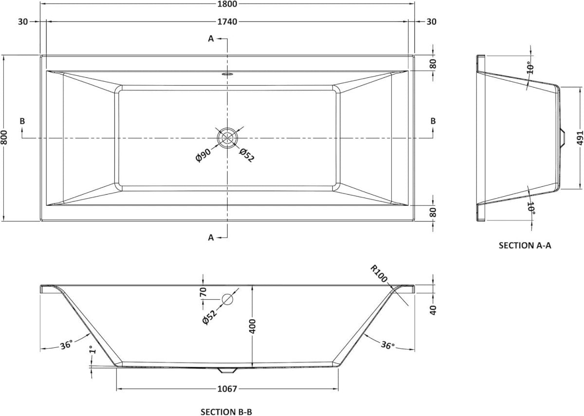 1800x800mm Square Double Ended Acrylic Shower Bath White Soaking Tub - Kwikley